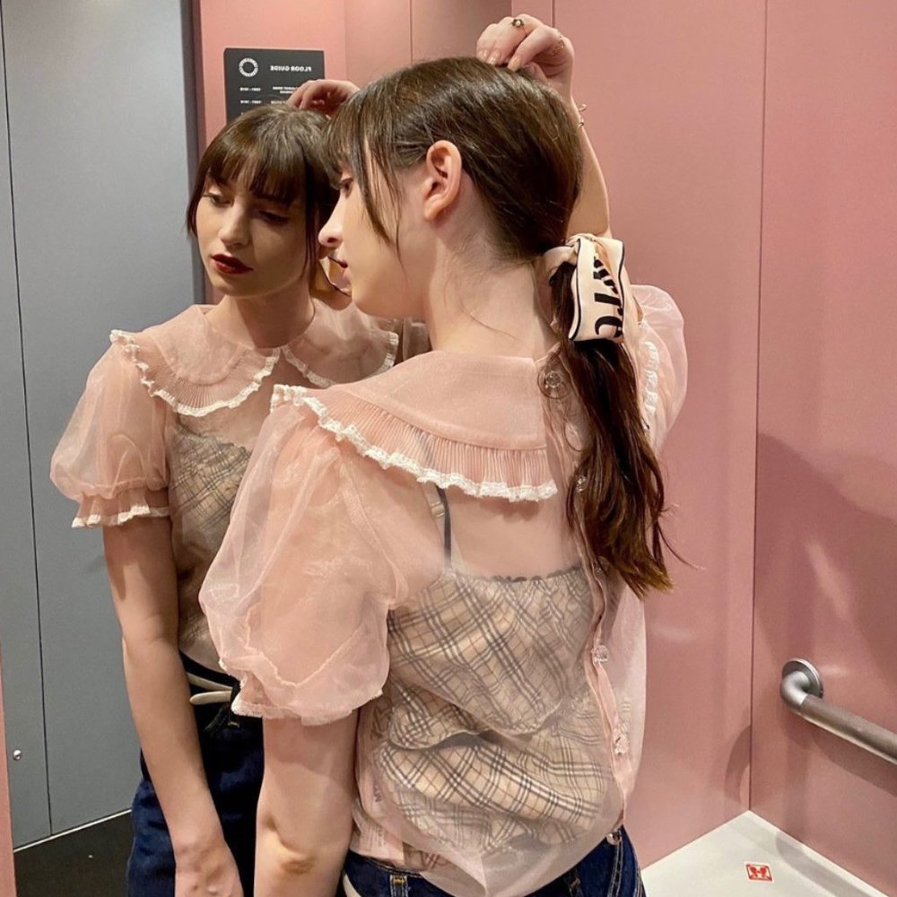 Myrtille Japan sheer organdy lace trim top